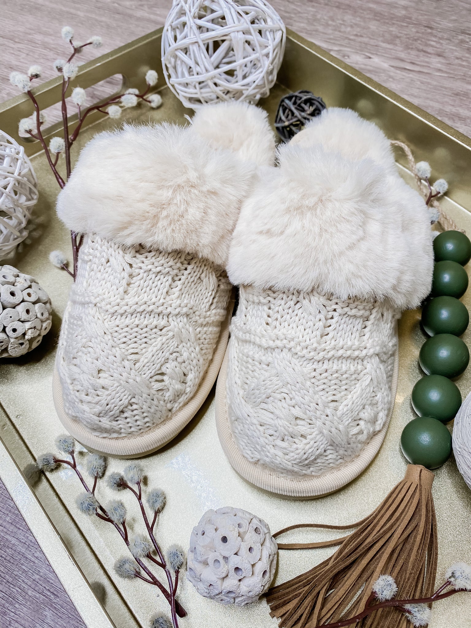 Corky Cable Knit Slipper in Cream