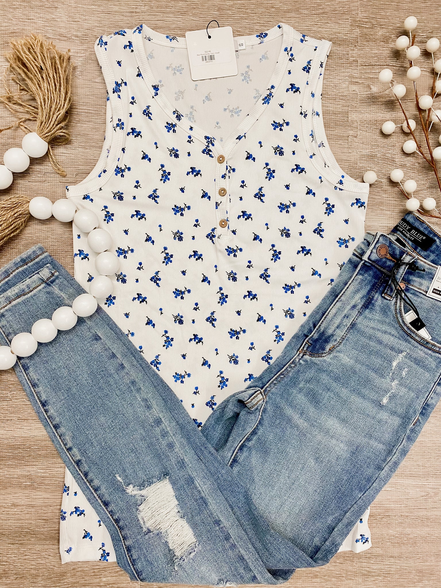 Blue Floral Henley Tank