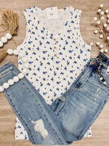 Blue Floral Henley Tank