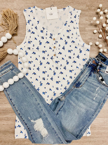 Blue Floral Henley Tank