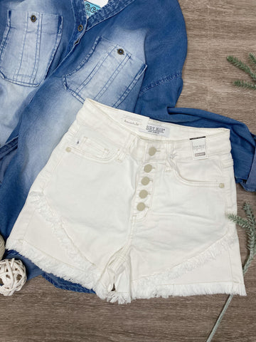 White Judy Blue HW Button Fly Fray Tulip Hem Shorts